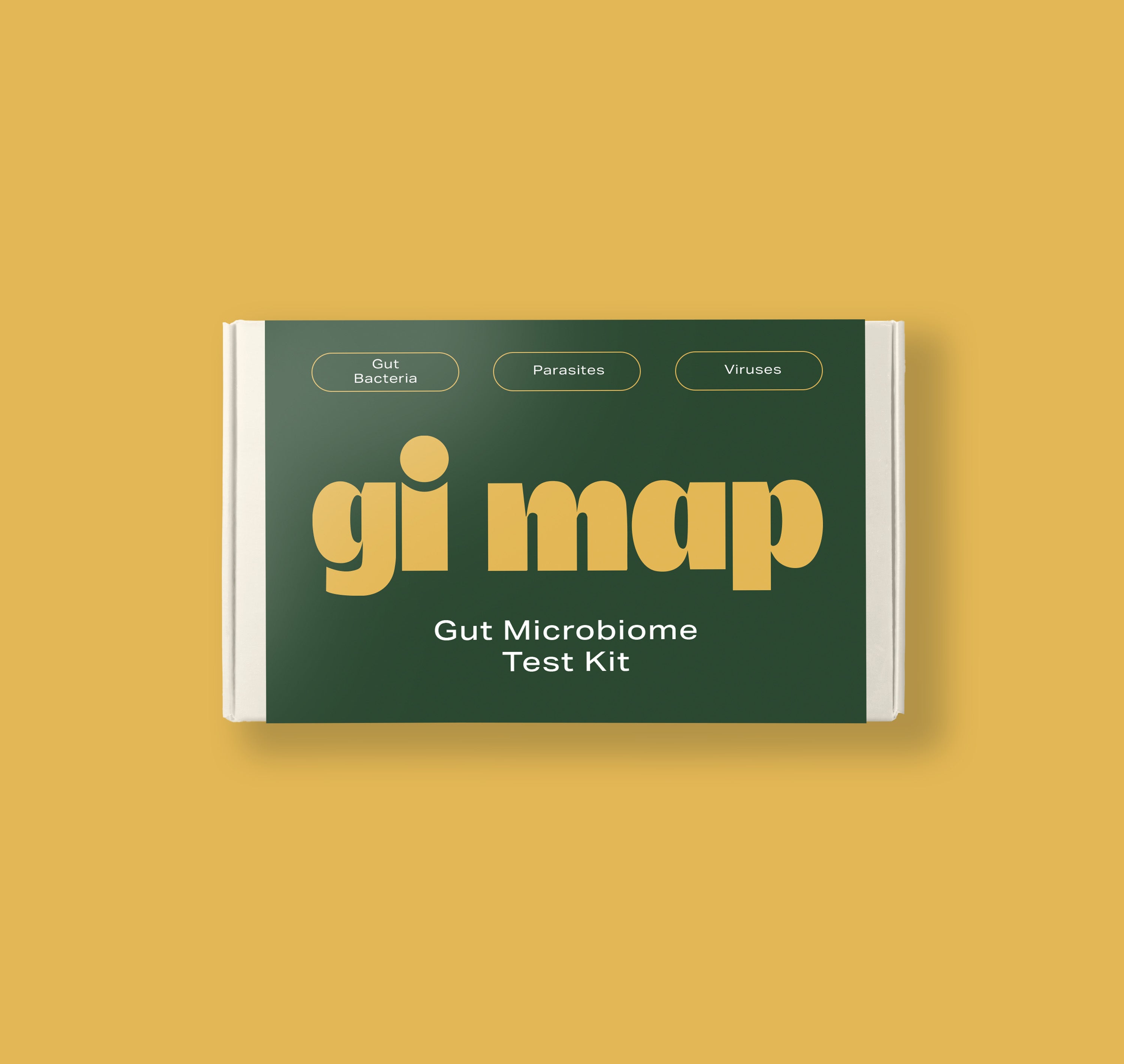 Packaging for GI Map Gut Microbiome Test Kit with green and white color scheme and text detailing the product name and purpose.